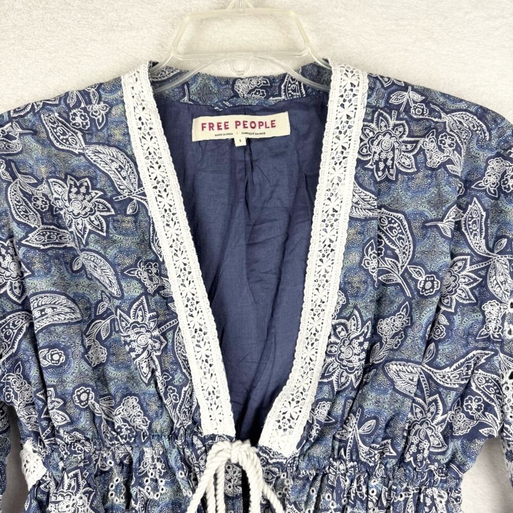 Free People Anissa Bed Jacket Eyelet Lace Tie Front Blue Combo Size S Beach Boho - Picture 7 of 15